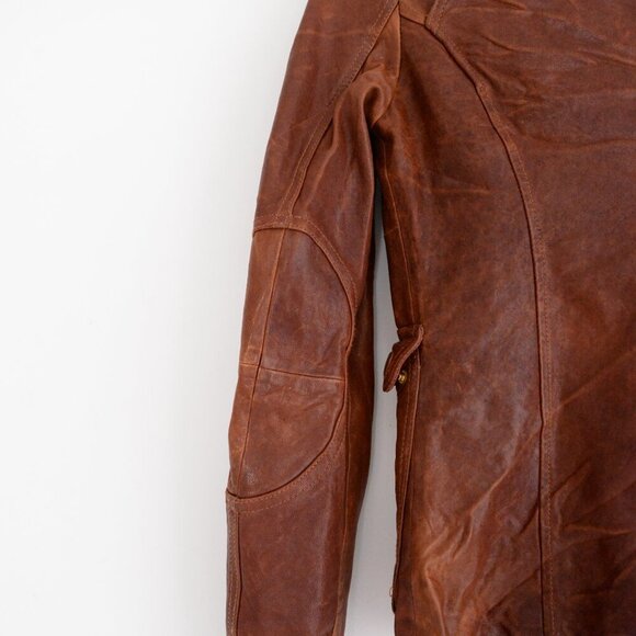 Mackage Brown 100% Leather Designer Zip Up Flap Pocket Hood Biker Jacket XXS - Picture 12 of 16